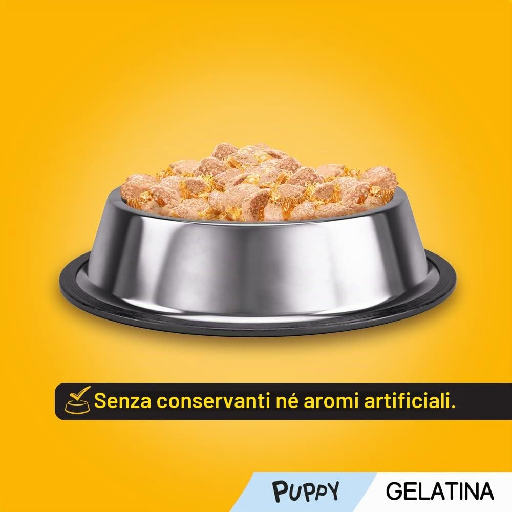 Pedigree Multipack di cibo umido per cani Junior in gelatina, Gusto Pollo Bue e Riso, 13 confezioni x 4 bustine x 100 g