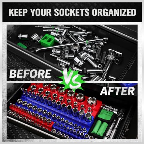 Image of SWANLAKE Magnetic Socket Organizer Set, 1 /4 inch, 3 /8 inch, 1 /2 inch Sockets Holds 286 Pieces Magnetic Socket Trays (Blue&red&black&green, 12 Pcs)