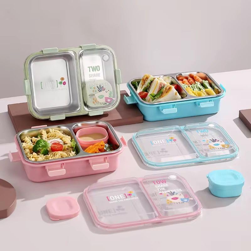Image of PRIME DEALS Lunch Box 3 Compartment Leak-Proof BPA Free Stainless Steel, Lunch Box for Kids, Lunch Box for School & Office with a Fork, a Spoon and a Pair of Chopsticks (Pink, 3 Compartment)