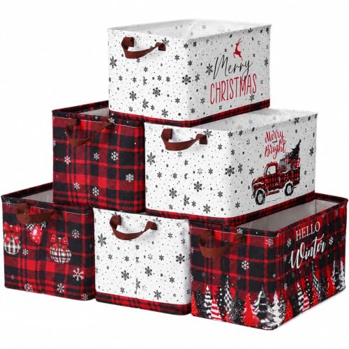 Image of Fourluoo 6 Pack Floral Storage Basket with Handles Clothes Storage Basket Bin Foldable Box Bins Organizer for Closet Shelf Nursery Kid Room Book Toy Chest(6,Christmas)