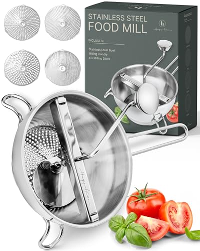 Upgraded 4-Disc Stainless Steel Food Mill – Ergonomic Rotary Design for Tomato Sauce, Applesauce, Baby Food, Mashed Potatoes, Jams, and More