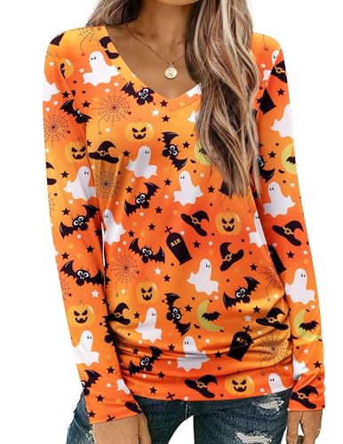Zeagoo Halloween Shirts Woman Shirts V Neck Orange Tshirts Long Sleeve Casual Tops T-Shirt Basic Tees Halloween Graphic Tee L