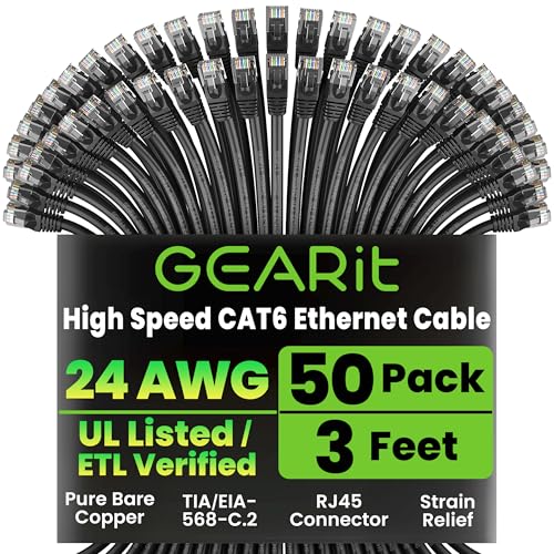 GEARit Cat6 Ethernet Cable Pack, 50-pack, 3 ft