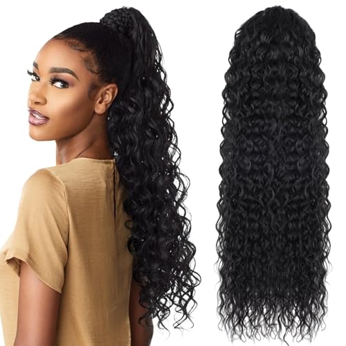 Wisebom Coleta Pelo Natural 62cm Extensiones de Cola de Caballo Rizada Larga Extensión Ondulado Coleta Postiza Extensiones de Pelo Sintética con Cordón para Mujeres (Negro)