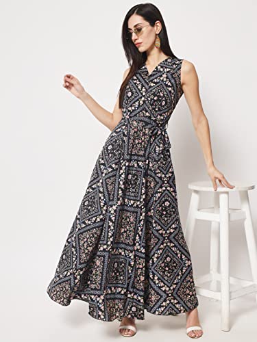 Image of Rudraaksha Women's Printed Maxi Dress Sleeveless Fit & Flare Long Dress || Western Dress for Women || Stylish Maxi Dress Dress || Summer Dress || Boho Printed Dress for Women