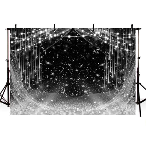 AIBIIN Fondo de fotografía negro y plateado de 7 x 5 pies, lentejuelas brillantes plateadas, decoración de fiesta de cumpleaños, telón de fondo de boda, recién nacido, accesorio de estudio