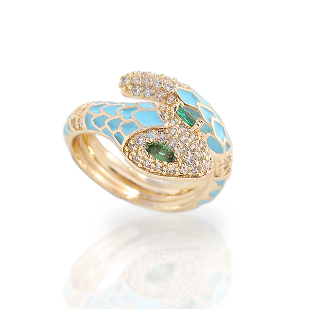 Jean Beau Cute Snake Adjustable Open Gold Ring for Women - Sparkly Vintage Wrap Stacking Animal Green Enamel Eye Fashion Statement Love Promise