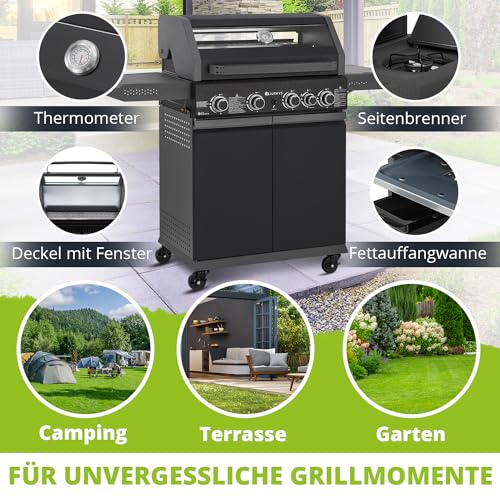 Savannah BBQ Gas Barbecue - 4 Burners and 1 Side Burner - XXL Steel Gas Grill with Cast Iron Cooking Grate, Hob, Base Cabinet for Gas Bottle