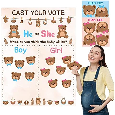 W1cwey Teddy Bear Gender Reveal Poster, Teddy Bear Theme Baby Gender Reveal Voting Poster Party Games Kit, He or She Gender Reveal Poster with 40pcs Bear Pink and Blue Voting Stickers Cover
