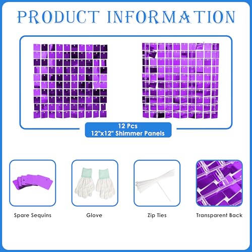Image of Shimmer Wall Backdrop Purple Square Sequin Wall Panel Backdrop Decor for Wedding, Anniversary, Birthday, Party, 12 Panels