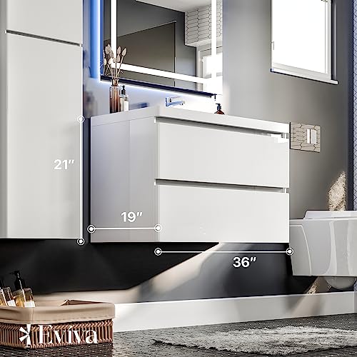 Eviva Glazzy 36 Inch Glossy White Wall Mount Modern Bathroom Vanity With White Integrated Acrylic Top #TOP1