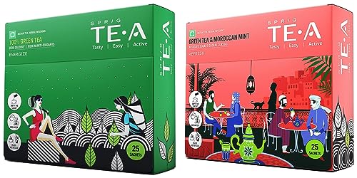 SPRIG TE.A Green Tea and Moroccan Mint | (Pack of 25 x 0.6g Each) & SPRIG TE.A 100% Green Tea|(Pack of 25 x 0.5g each) Net Weight :12.5g