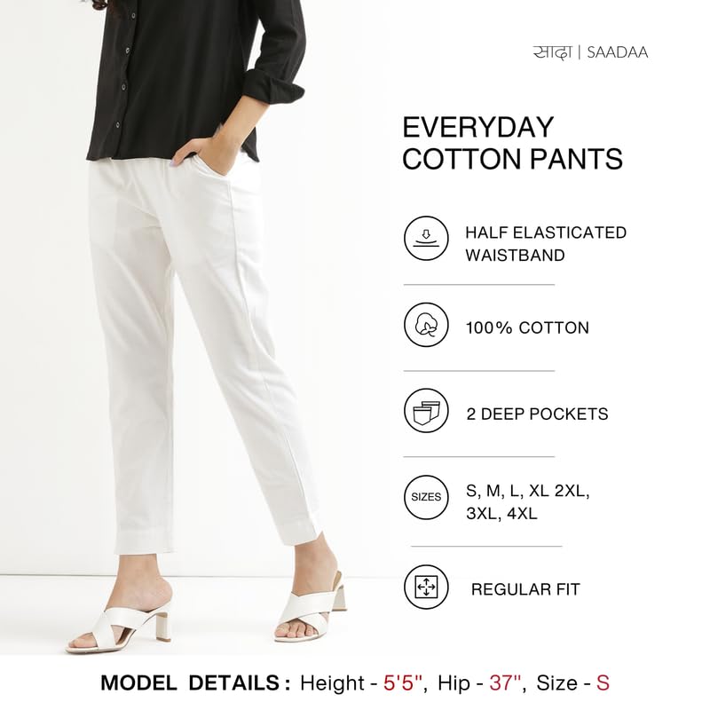 Image of SAADAA Women Cotton Pant Regular Slim Fit Mid Rise Trouser, Pocket Pants for Office School Formal Casual Daily Use