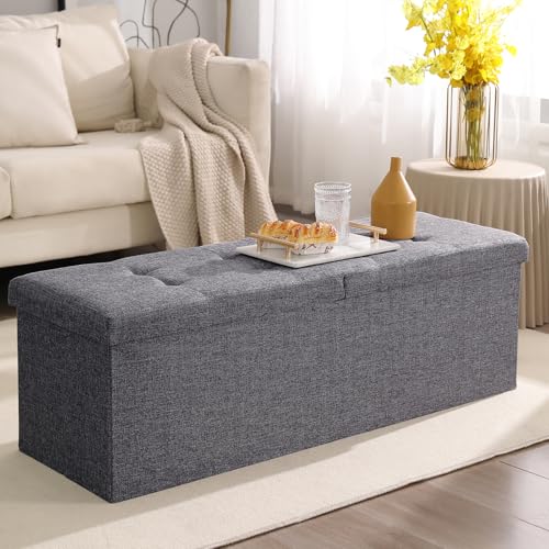 Image of Storage Ottoman Bench Foldable Footrest Foot Stool, 45 inch Fabric Grey | Small Ottoman Foot Rest Seat Shoe Bench Flip-Top forliving Room End of Bed Bedroom Couch Dorm 166L Folding Upholstered Chair