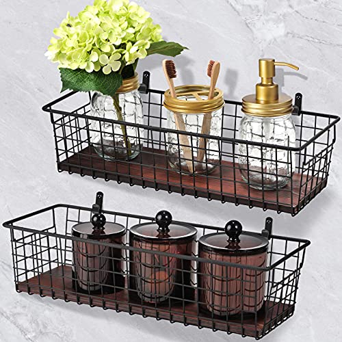 2 Set [Extra Large] Portable Metal Farmhouse Wall Decor Storage Organizer Basket Bin With Handles And Floating Shelves For Hanging In Bathroom,Kitchen,Office-Wall Mount Hooks Included (2, Black) #TOP4