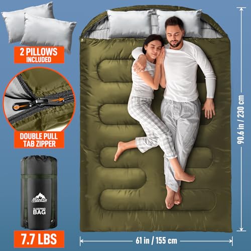 Image of MEREZA Double Sleeping Bag for Adults Mens with Pillow, XL Queen Size Two Person Sleeping Bag for All Season Camping Hiking Backpacking 2 Person Sleeping Bags for Cold Weather & Warm