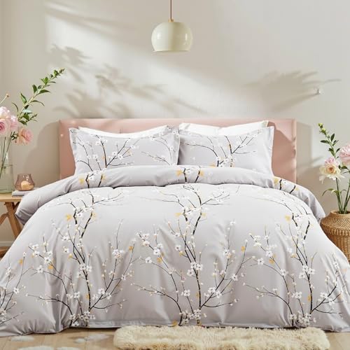 Freyamy Blumen Bettwäsche 135x200cm 2teilig Grau Hellgrau Florale Mädchen...