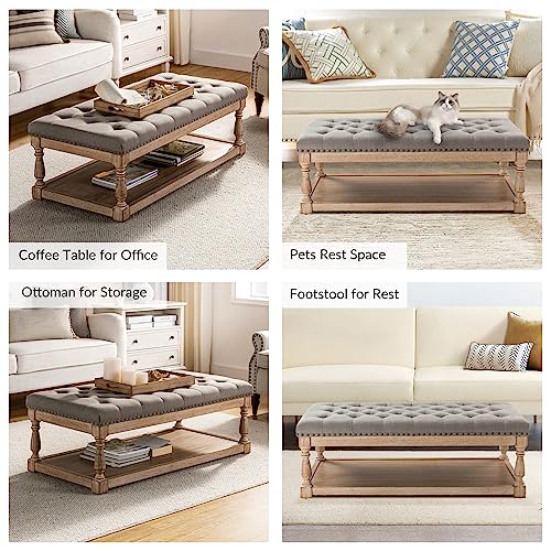 Hulala Home Rectangle Ottoman Coffee Table With Tray, Large Tufted Fabric Coffee Table With Wood Shelf Storage thumb #5