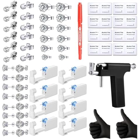 60 Pcs Ear Piercing Kit Disposable Ear Piercing Gun Kit with 9 Pcs Self Piercing Gun and 32 Pcs Earrings Stud 16 Pcs Alcohol Pads Cover