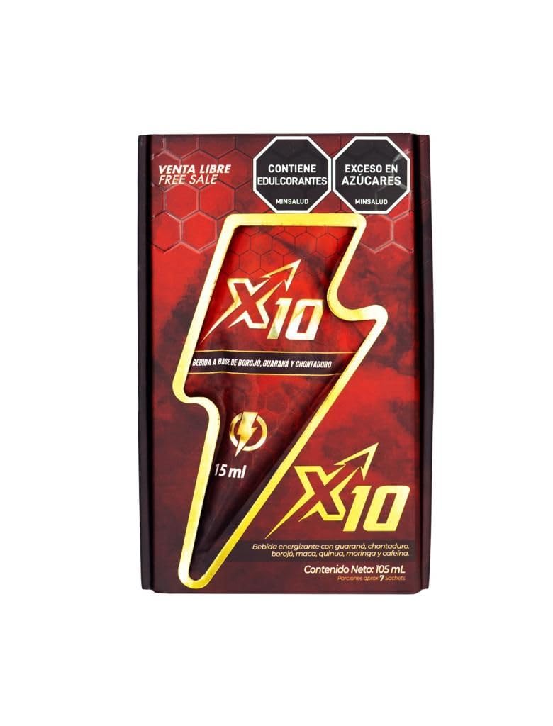 X10 Natural Supplement - Chontaduro, Guarana, and Borojó Blend | 15ml Sachets (7-Pack) | Plant-Based Energy Support.