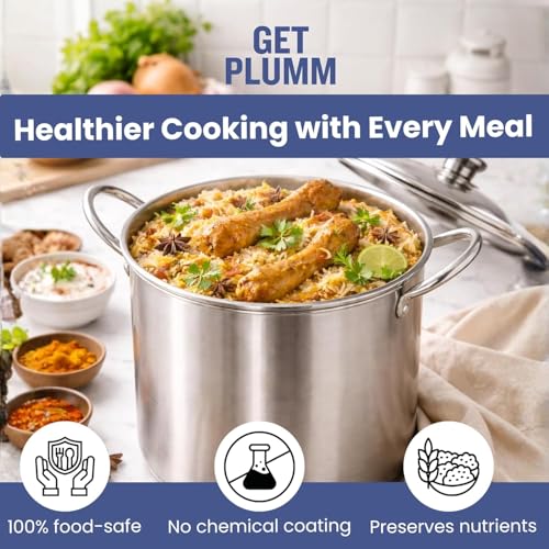 Image of Get Plumm Stainless Steel Stock Pot 7.6 litres | 32.5x24x21 | Handi /Biryani Pot /Dutch Oven | Induction Bottom | Cook and Serve Pot | Casserole | Cooking Pot | 100% Toxin Free