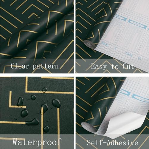 Image of TEKCOOL Self Adhesive Wallpaper Green and Gold Pattern Peel and Stick Wallpaper Gold Lines Geometric Sticky Back Vinyl Removable Contact Paper Wall Covering Decorative Film DIY 45x300cm (Green-3pc);