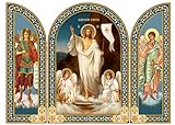 Needzo Catholic Orthodox Wooden Resurrection of Christ Jesus Triptych Icon with Saint Archangel Michael and Guardian Angel 6 1/4 Inch Tall, Gold Foil, Easter Decoration Gift