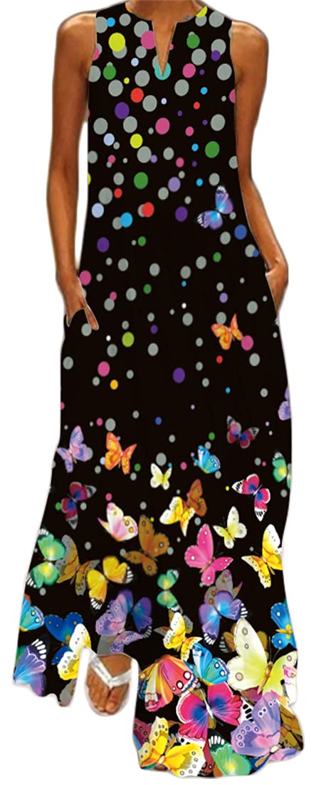 WINKEEY Vestido Maxi para Mujer Estampado Floral Mariposa Bohemio con Bolsillos Sin Mangas Talla Grande