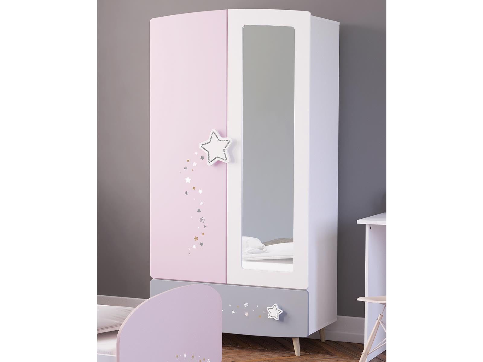 möbelando Prinzessin Kinder Kleiderschrank mit Himmelssternen und Ganzkörperspiegel, 2 Türen, 1 Schubkasten, 2 Kleiderstangen, Massivholzfüße - 89x185x50 cm (B/H/T), Rosa/weiß/grau #einfach zuckersüß
