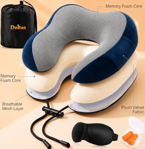 Image of DOLTAS Memory Foam Travel Pillow for Neck Pain Relief, Includes Eye Mask & Noise Isolating Ear Plugs, Portable Combo for Men & Women, Ideal for Long Flights & Road Trips | Velvet Navy Blue