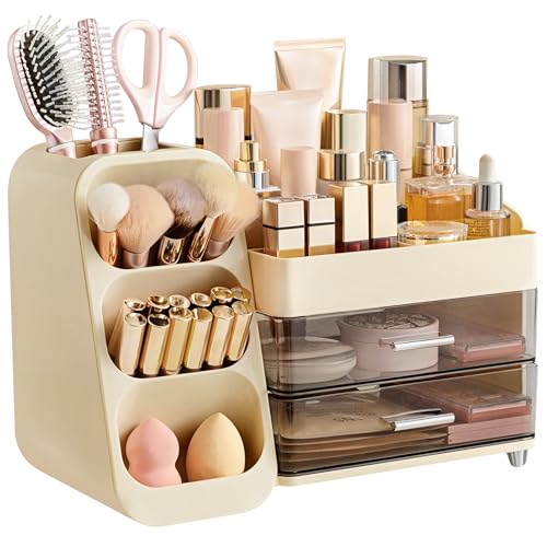 HBlife Makeup Kosmetik Organizer mit Schubladen, Pinsel Organizer, 3-in-1 Plastic Kosmetik Aufbewahrungsbox, Schmink Aufbewahrungskasten Große Lagerung Gelb