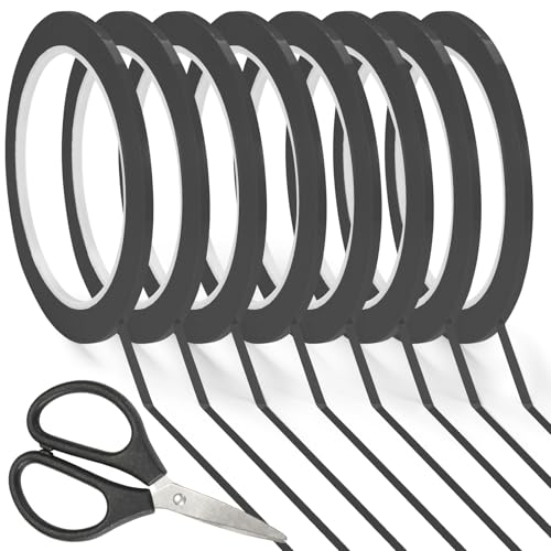 Annickee Tiras Adhesivas Coloridas, 8 Rollos de Cinta Adhesiva para Pizarra Blanca, Cinta Adhesiva para Manualidades, Cinta de Gráficos con Tijeras Pequeñas, Líneas de Maqueta(3mm x 66m) (Negro)