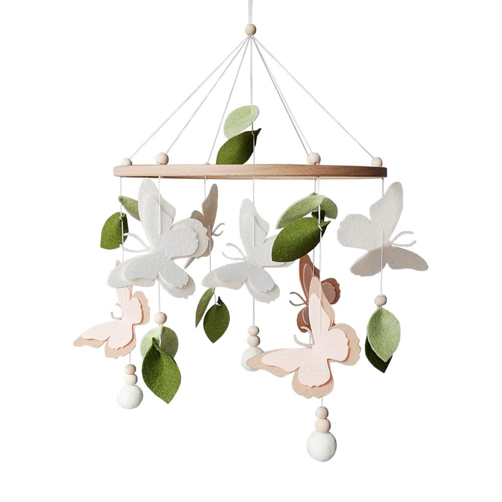 Baby Mobile mit Schmetterlingen – Handgemachtes Filz-Mobile in Neutralfarben mit Blättern & Pompons – Botanisches Mobile fürs Babybett – Wunderschönes Geschenk für neugeborenes Mädchen