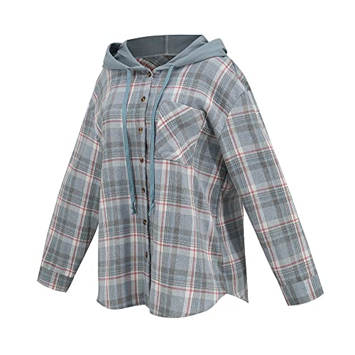 happlan Women's Hooded Flannel Plaid Button Down Shacket Brushed Shirt Jacket Coat Tops3