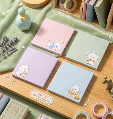 Image of Cute Cartoon Bear Sticky Notes | Pastel Memo Pad Set | Study & Office Use - Pack of 4 | 80 Sheets Per Pack | 3.15x3.15in Self-Stick Note Pads (Bear Sticky Notes)