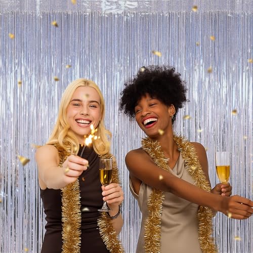 Image of ZATAYE 4 Pack Glitter Silver New Years Eve Foil Curtain Decorations | Glitter Silver, Metallic Foil, 3.28 x 7.05 FT, Tinsel Backdrop, Foil Curtain Streamer, New Years Eve Party