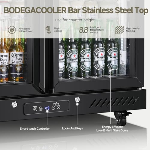 Image of BODEGACOOLER Back Bar Cooler with 2 Glass Doors,7.7 Cu.ft Commercial Back Bar Beverage Refrigerator Counter Height,LED Lighting for Soda Drinks,Beer,Wine Stainless Steel Top,DOE Approved,4 Casters