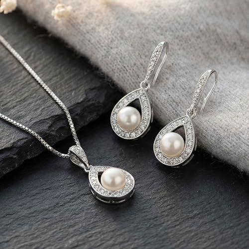 Mariell Pearl Necklace and Drop Earrings Wedding Jewelry Set for Brides, Bridesmaids, Birthday Gift