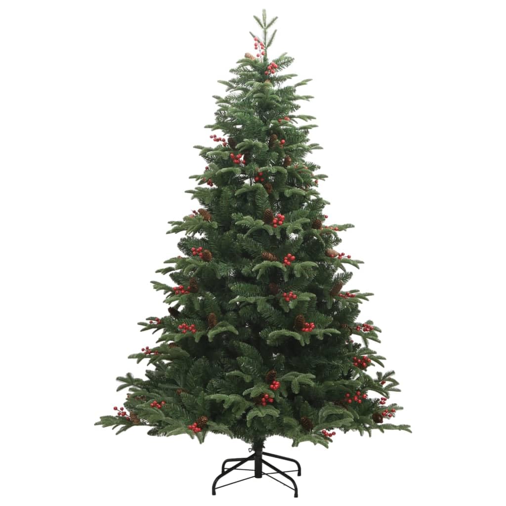 Árbol de Navidad artificial plegable de 210 cm con puntas de polietileno, piñas y bayas rojas, incluye soporte de hierro resistente para un fácil montaje y aspecto natural