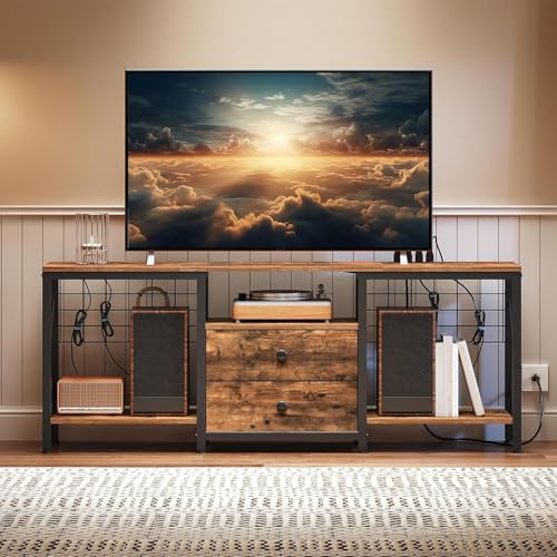 Image of YATINEY TV Stand with Power Outlet Up to 60 Inch, Entertainment Center with 2 Fabric Drawers, TV Console Table with Open Storage Shelves for TVs, Cable Management, for Living Room, Bedroom, DS14UBRY1