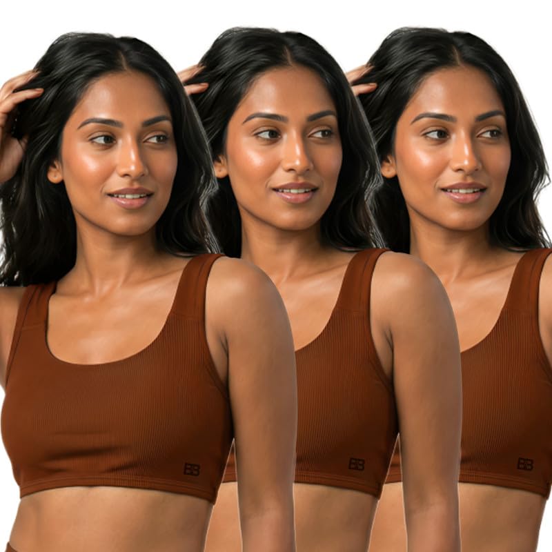 Ladies Cotton Blend Workout Sports Bra Wire Free Pad Insert U Neck Training Yoga Running Bra Medium Support (Pack of 3) Brown-image-47
