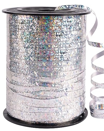 Image of PartyWoo Silver Iridescent PVC Plastic Curling Ribbon, 500 Yard, Ideal for Gift Wrapping, Crafts, Balloons, Flowers, Versatile Occasion, Birthday, Decorative Ribbon Trim, 9060