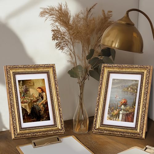 Image of eletecpro 5x7 Vintage Picture Frame, Glass Cover, Bronze Gold, 2-Pack | Display Photo 4x6 with Mat or 5x7 without, Horizontal or Vertical, Tabletop or Wall Decor