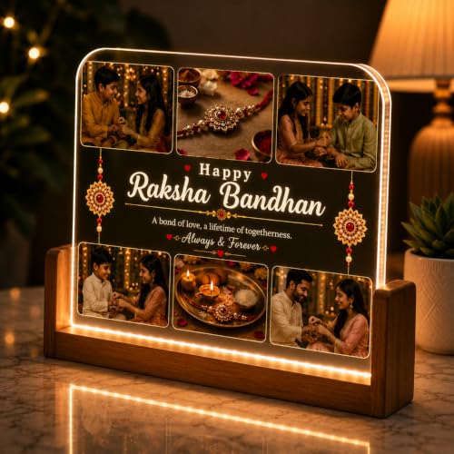 Image of Personalized Raksha Bandhan Acrylic LED Lamp with Custom Photo (UShape) | Night Light, Brother Sister, Free Rakhi Included, Custom Photo