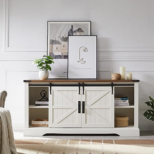 OKD Farmhouse Electric TV Stand for 65+ Inch TV, Rustic Entertainment Center with 18" Fireplace, Sliding Barn Door, Storage Shelves, Wood Media Console Cabinet for Living Room, Antique White - Image 6