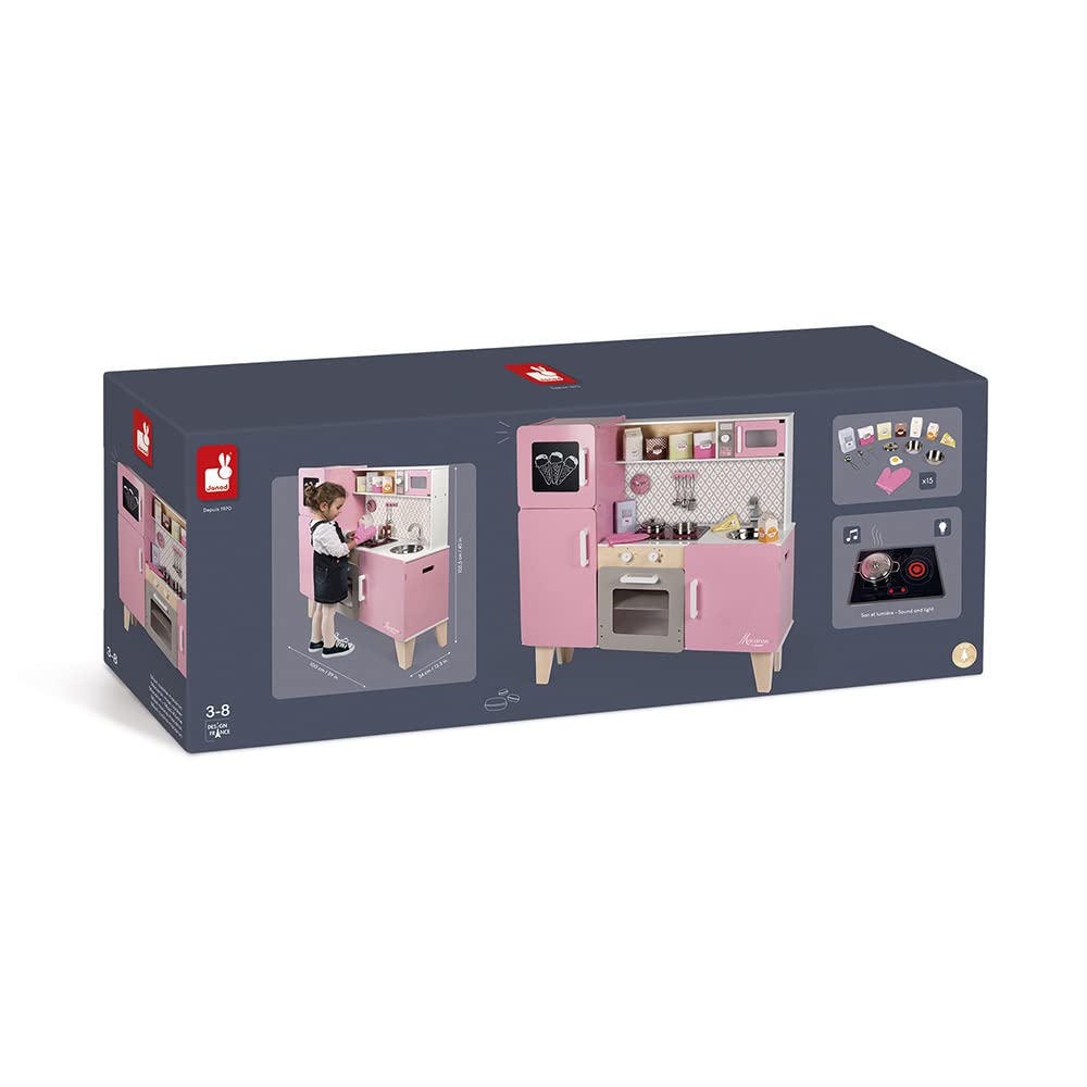 Janod - Maxi Cucina Giocattolo in Legno Macaron - Cucina per Bambini con Frigo e Forno a Microonde - Imitazione e Sviluppo - 15 Accessori Inclusi - A Partire dai 3 Anni, J06571, Rosa