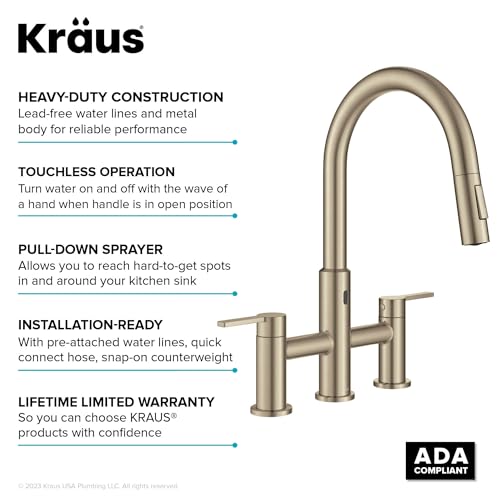 Image of KRAUS Oletto Touchless Sensor Bridge Kitchen Faucet with Pull-Down Sprayhead in Spot-Free Antique Champagne Bronze, KSF-3122SFACB