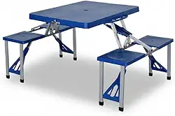 Mesa Dobrável Portátil de Camping com 4 Bancos, Azul, Alumínio, 85x65cm, Compacta em Maleta, para Praia e Piquenique