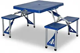 Mesa Dobrável Portátil de Camping com 4 Bancos, Azul, Alumínio, 85x65cm, Compacta em Maleta, para Praia e Piquenique