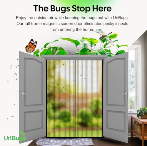 UnBugs Magnetic Screen Door - Fits French Door & Double Doors up to 50 x 82 Inches MAX - Pet & Kid Friendly, Self-Closing - Hands Free Magnet Closure Keeps Bugs Out & Breeze in